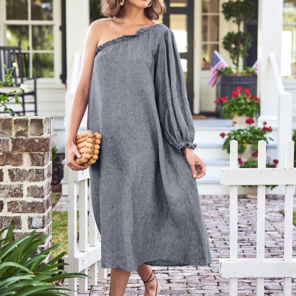 NWOT Lake Pajamas Linen One Shoulder Dress, sz S